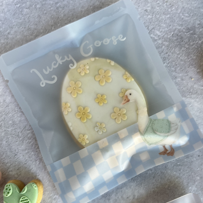 Cookie in clear packaging labeled 'Lucky Goose'