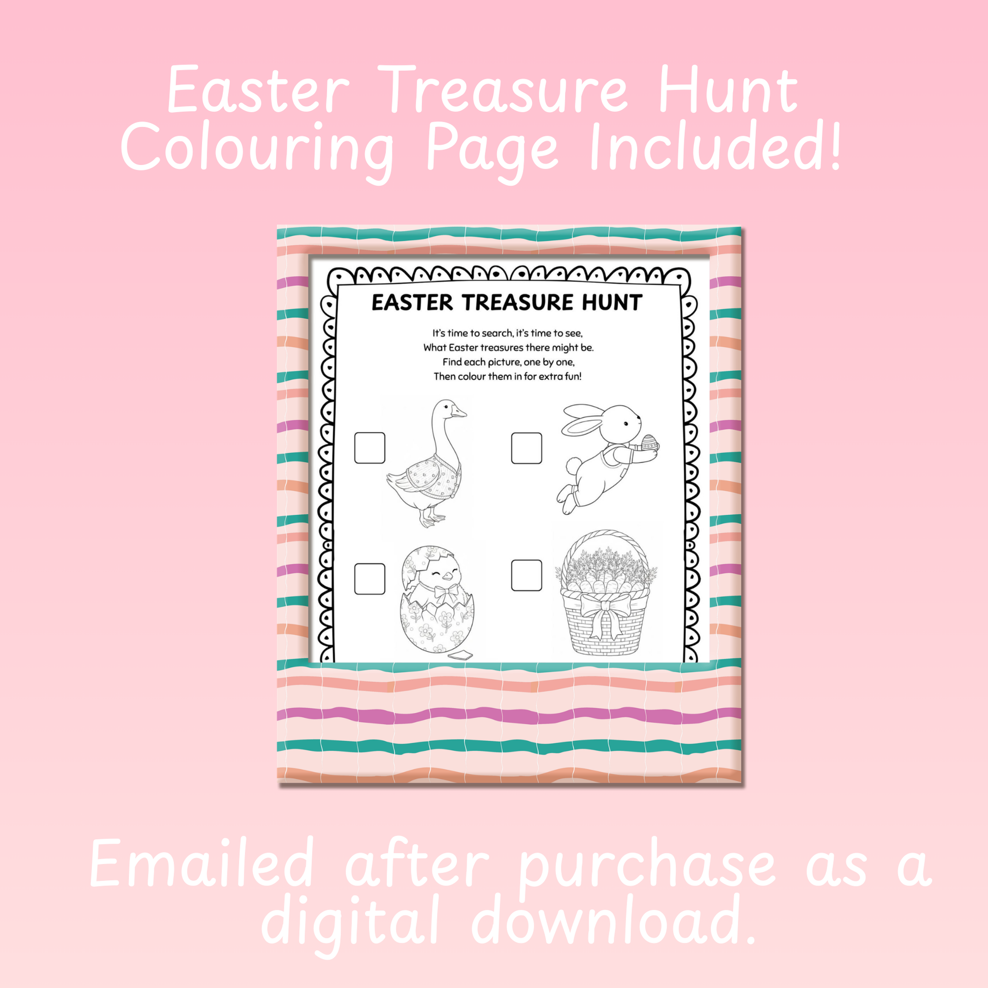 Easter-themed treasure hunt coloring page on a pink background with text about digital download availability.